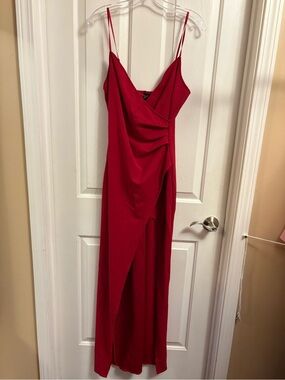 Windsor Red Draped Wrap Maxi Dress with Spaghetti Straps. Establish 1981.
